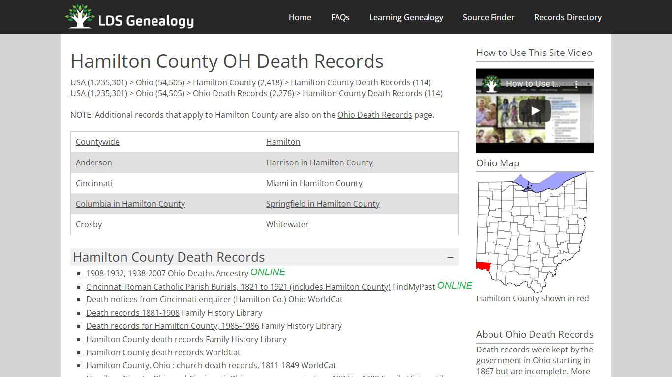 Hamilton County OH Death Records - LDS Genealogy